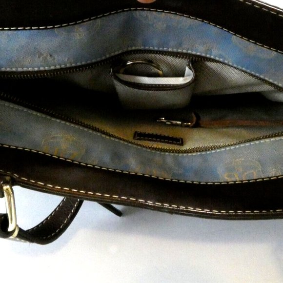 Dooney & Bourke Satchel Blue Denim DB Saddlebag Logo Handbag Leather Trim Purse - Picture 7 of 16